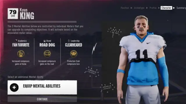 A screen showing core mental abilities in College Football 25 Road to Glory.