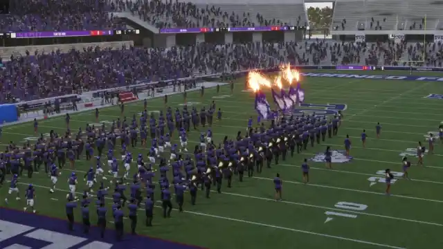 The TCU Hornfrogs entering the field in College Football 25.