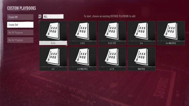 A screen showing defensive playbooks in College Football 25.
