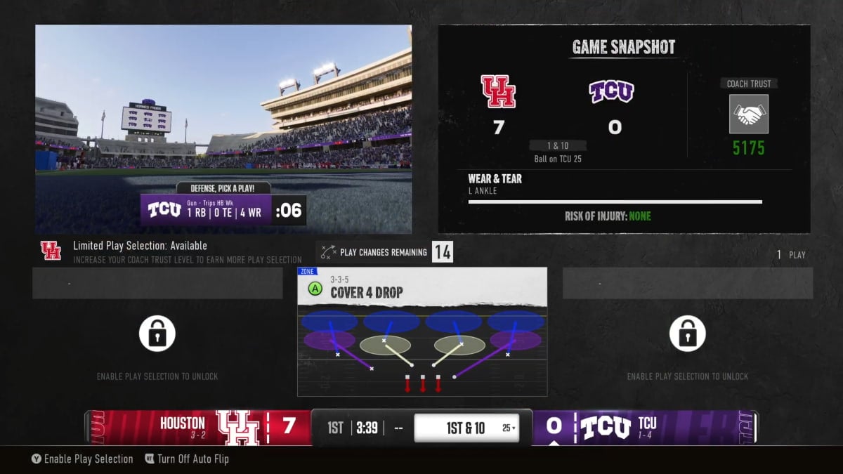 How to enable play selection in College Football 25 Road to Glory