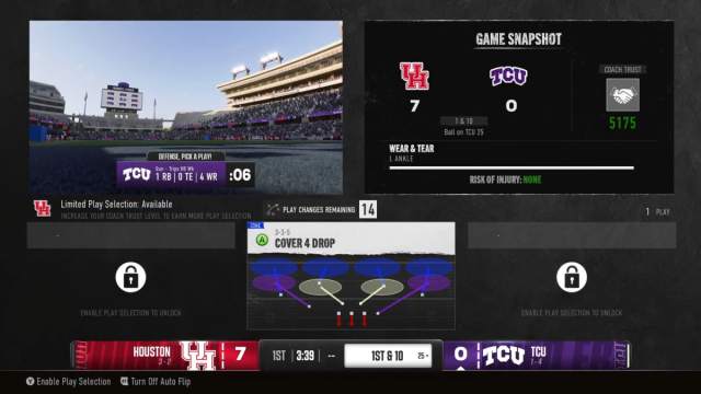 A play selection screen in College Football 25 Road to Glory.