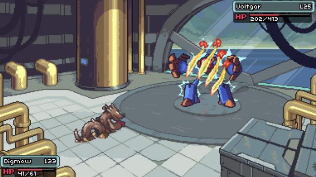 A screenshot from Coromon showing a brown weasel fighting a giant humanoid creature with electricity coming from his body.