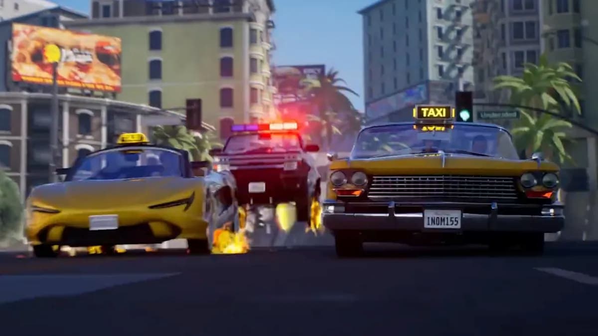 Three cars driving through the street. The one on the right and left are taxis, and the middle car is a police car. There are streaks of flames under the wheels of the left and middle car.