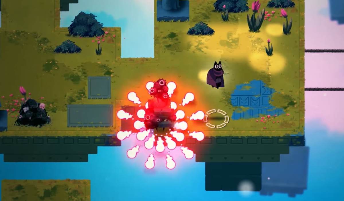 A screenshot from Crypt Custodian, showing a black cat dodging a red circle of attacks.
