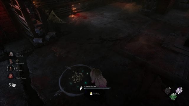 An image from Dead by Daylight of the Basement, where Sable is casting Invocation Weaving Spiders.