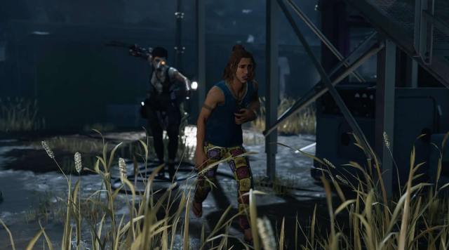 An image from Dead By Daylight of Renato getting chased and attacked by The Skull Merchant.
