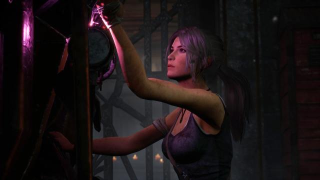 An image of Lara Croft opening an exit gate in Dead by Daylight,