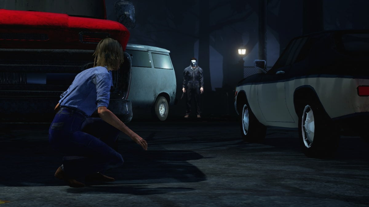An image of Laurie Strode hiding behind a car to avoid Michael Meyers.