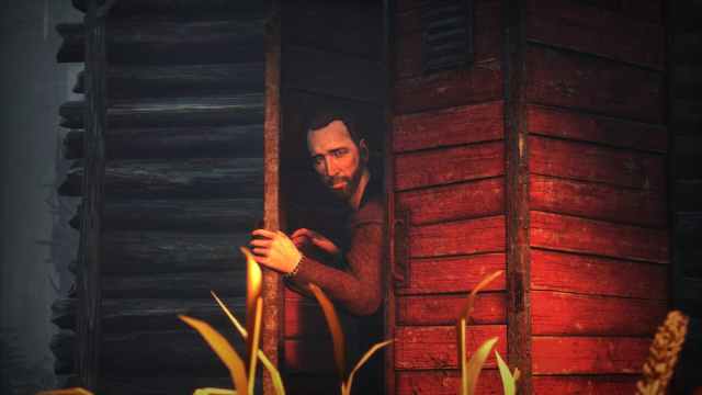 An image of Nick Cage in Dead By Daylight hiding from the killer in a locker.