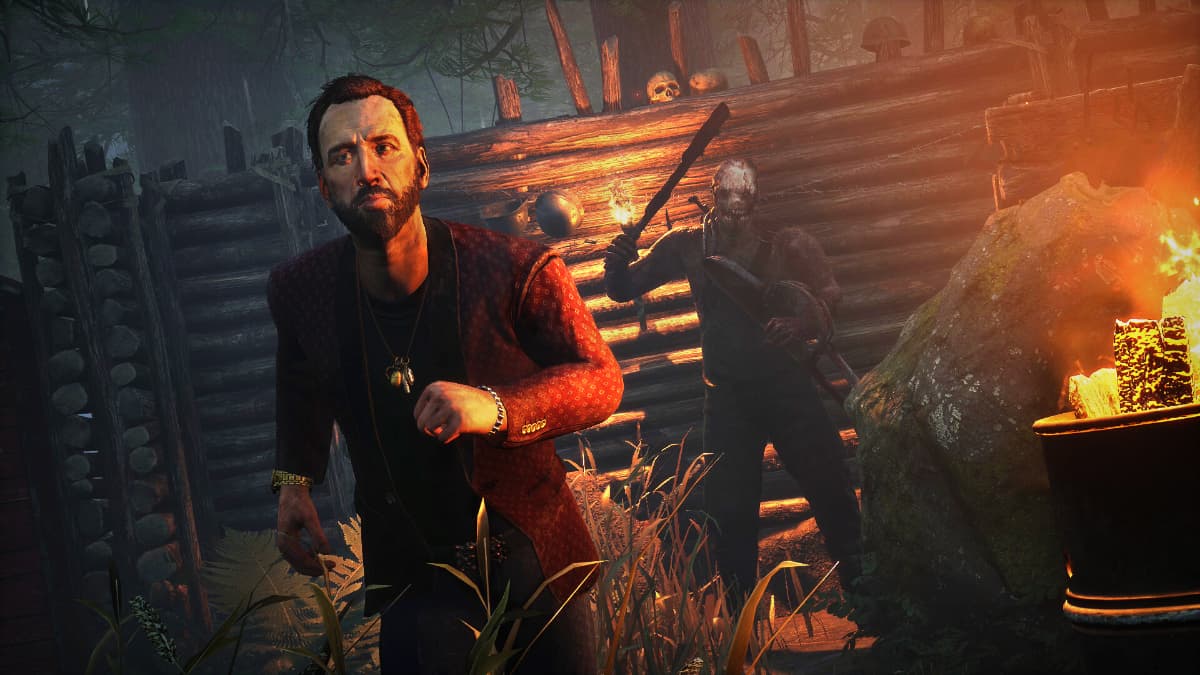 An image from Dead by Daylight of Nick Cage running from the Trapper.
