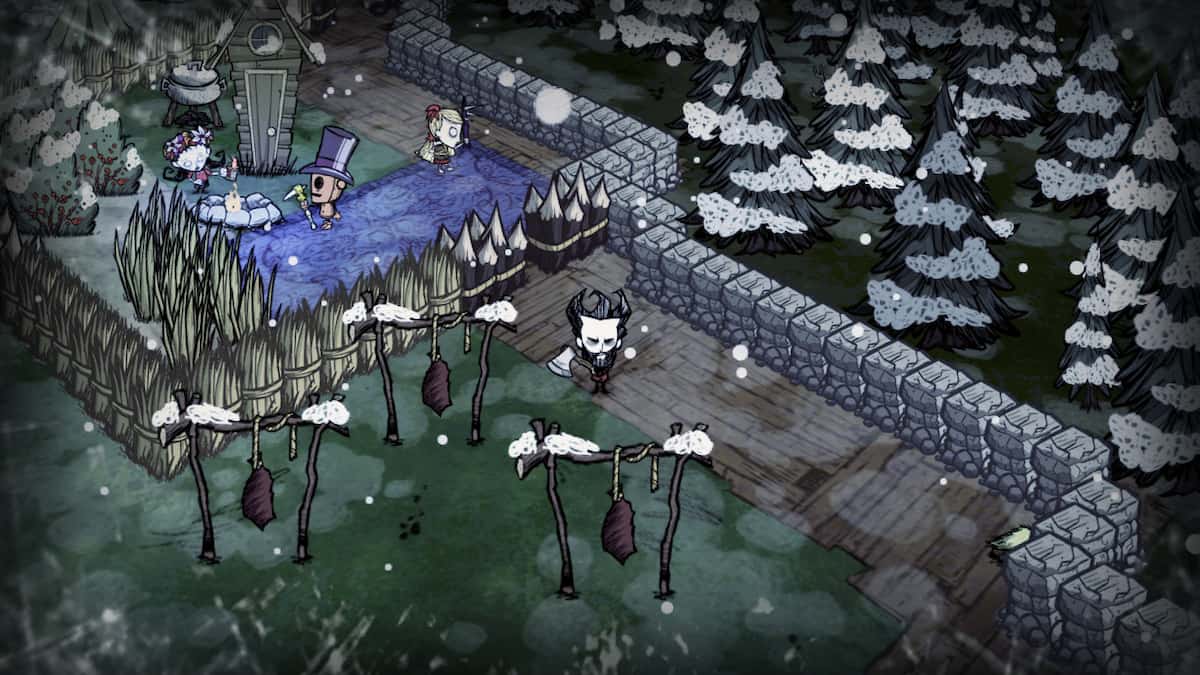 Animage from Don't Starve Together of players inside a stone base.
