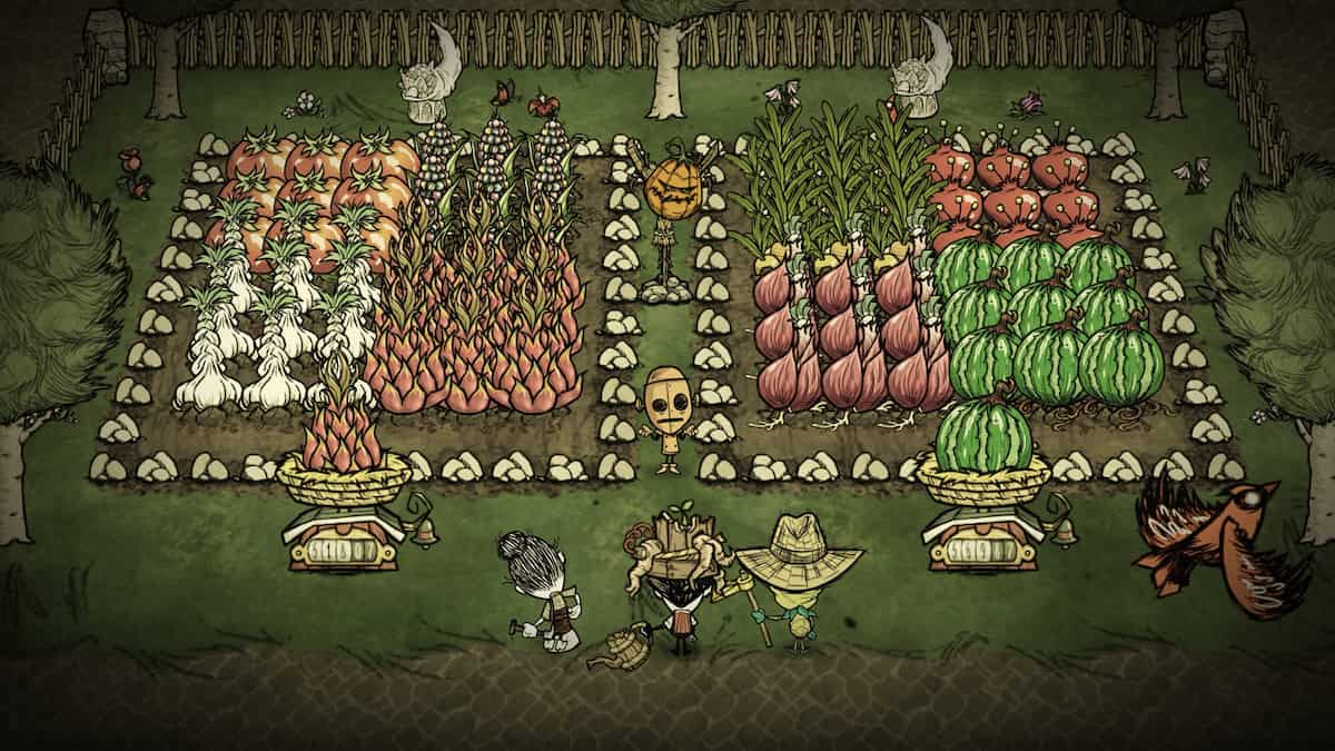 An image from Don't Starve Together of a large garden that contains many crops.
