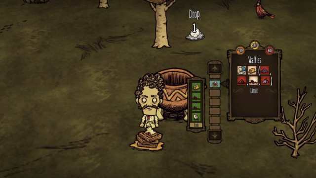 An image from Don't Starve Together of the playable character making waffles with Milky Whites.