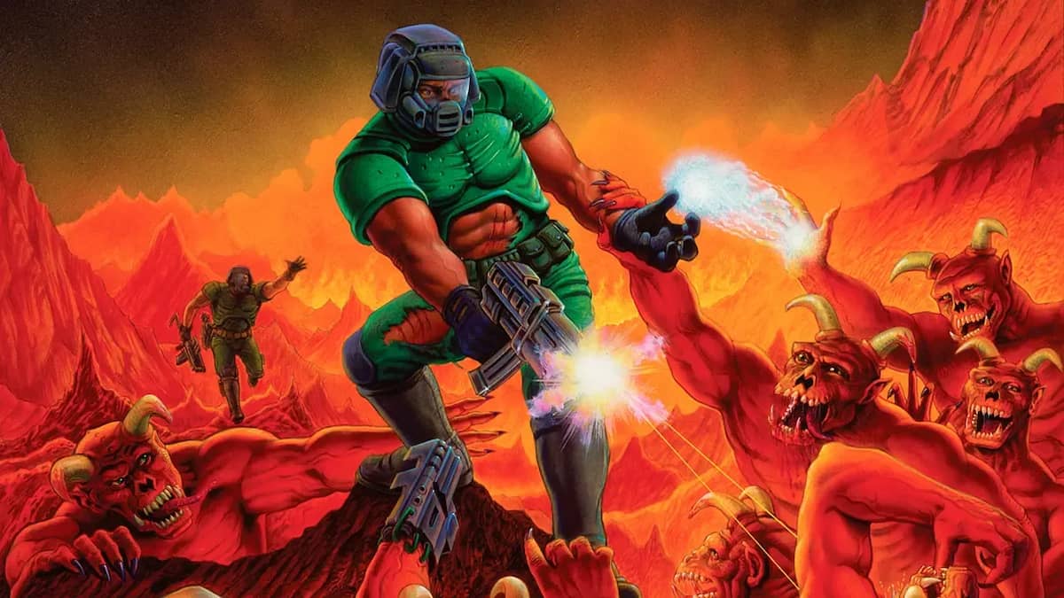 Doom character shooting demons from the 1993's Doom artwork.