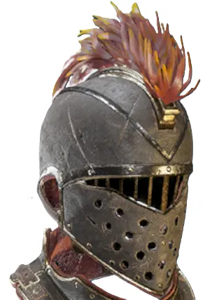 A metal helmet with a red mohawk-like design from Flintlock: The Siege of Dawn.