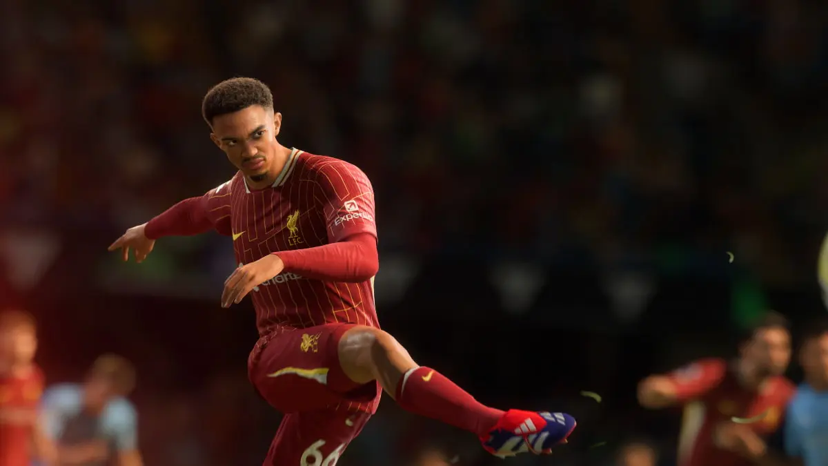 Trent Alexander-Arnold crossing the ball in EA FC 25.
