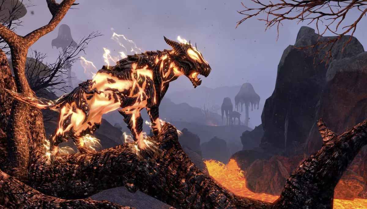 An image showing the Flame Atronach Senche-Jaguar, a fiery feline-like creature standing atop a burned branch in front of lava. This is the daily login reward fans will be most interested in.