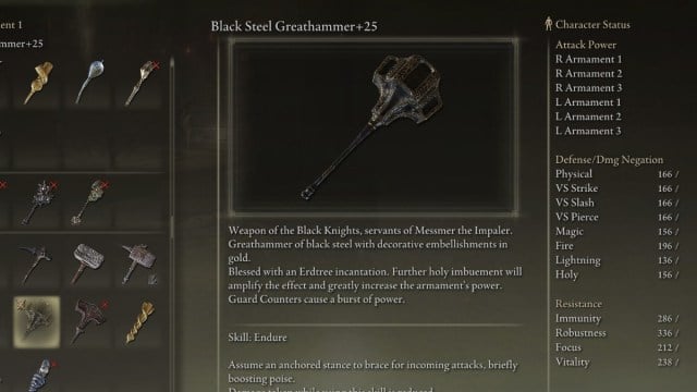 The Black Steel Greathammer in the inventory of Elden Ring Shadow of the Erdtree