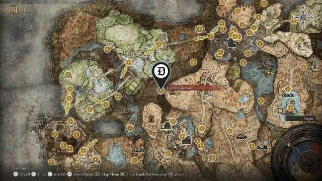 Fog Rift Catacombs marked on Elden Ring map