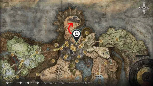Shadow Keep, Back Gate marked on Elden Ring DLC map with arrow leading to Scadutree Chalice