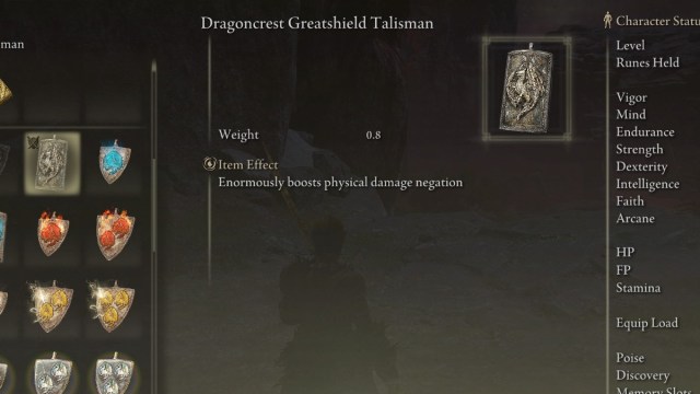 The Dragoncrest Greatshield Talisman in the inventory of Elden Ring.