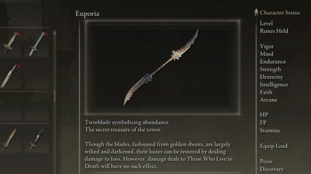 The Euporia twinblade in inventory in Elden Ring Shadow of the Erdtree
