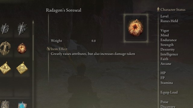 The Radagon's Soreseal Talisman in the inventory of Elden Ring.