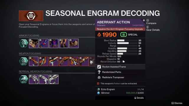 A Guardian tries to focus Aberrant Action through Failsafe, but receives the message that it requires the Act Two Engram Focusing Upgrade