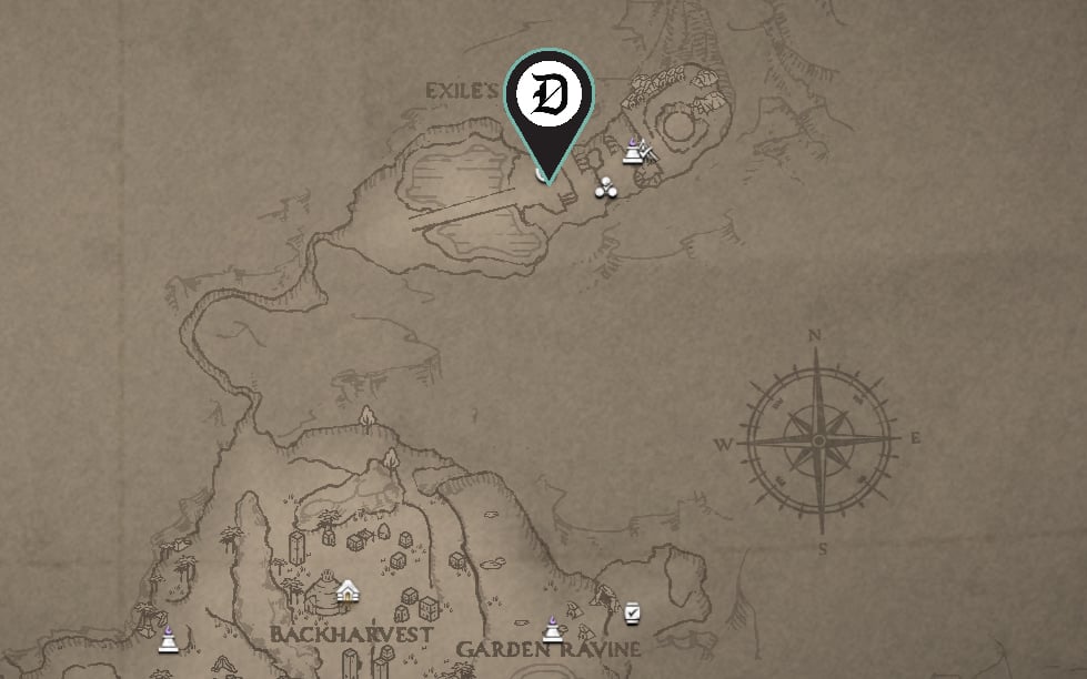 A map from Flintlock showing readers where to go in Exile's Cradle to start the Prizefight quest to get the Irregular's Helmet.