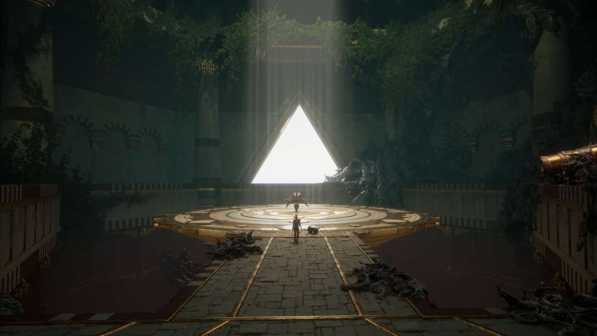 A giant triangle of light illuminates a golden chamber, where Enki and Nor approach Dukmar, a boss from Flintlock