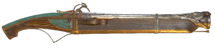 A long-barreled gun with a slight green pattern on its handle.