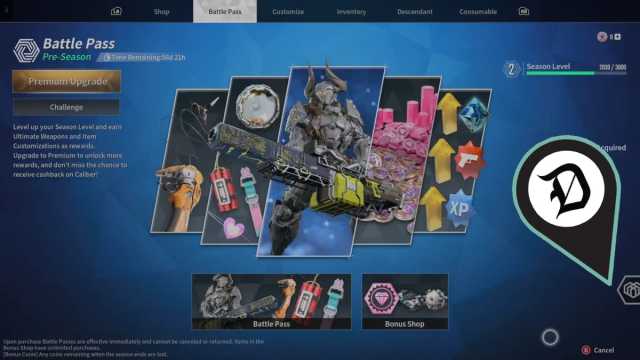 The Battle Pass page in The First Descendant with the Supply Shop button marked.