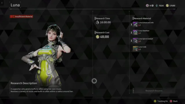 The crafting screen for Luna in The First Descendant.