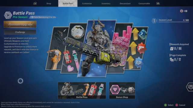 The shop page for the pre-season battle pass in The First Descendant.