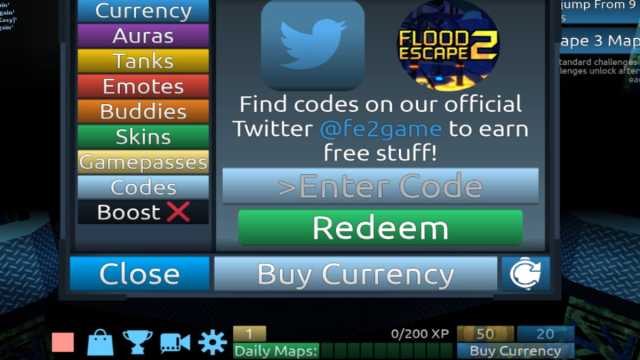The Shop screen in Flood Escape 2 showing the Codes section.