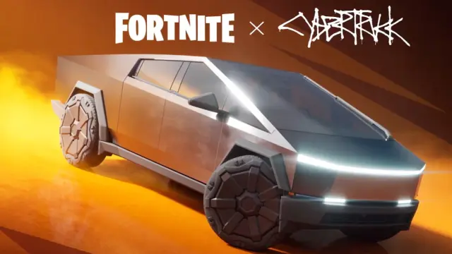 A promo image for the Tesla Cybertruck in Fortnite.