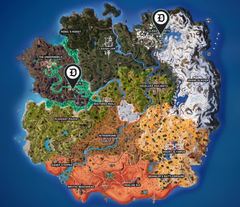Picture of the in-game Fortnite map showing the locations of the Dueling characters in the game.