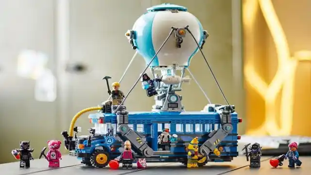 The Fortnite LEGO Battle Bus constructed in a promotional image.