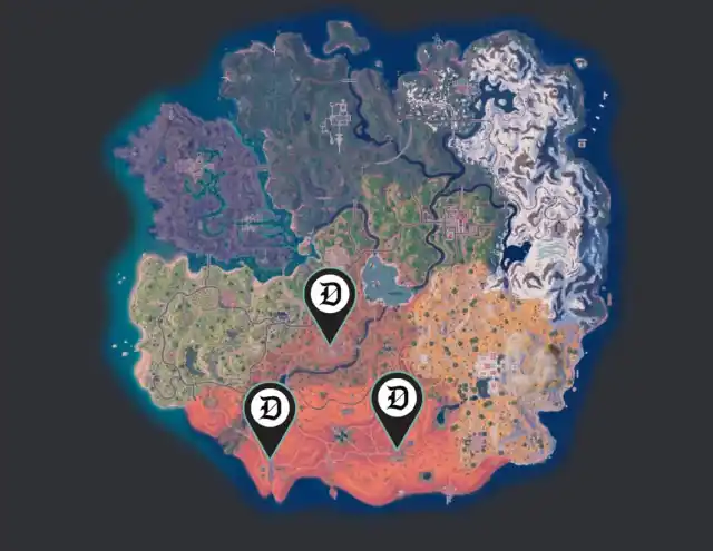 Fortnite boss locations shown on a map.