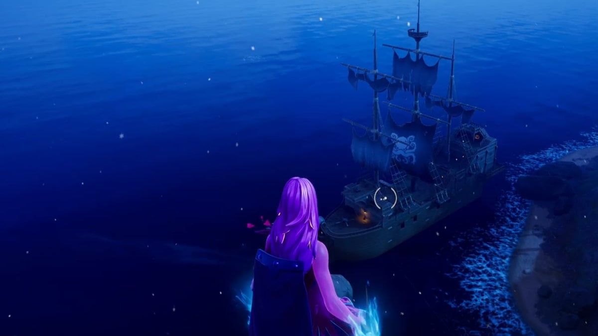 A player looking at a pirate ship in Fortnite.