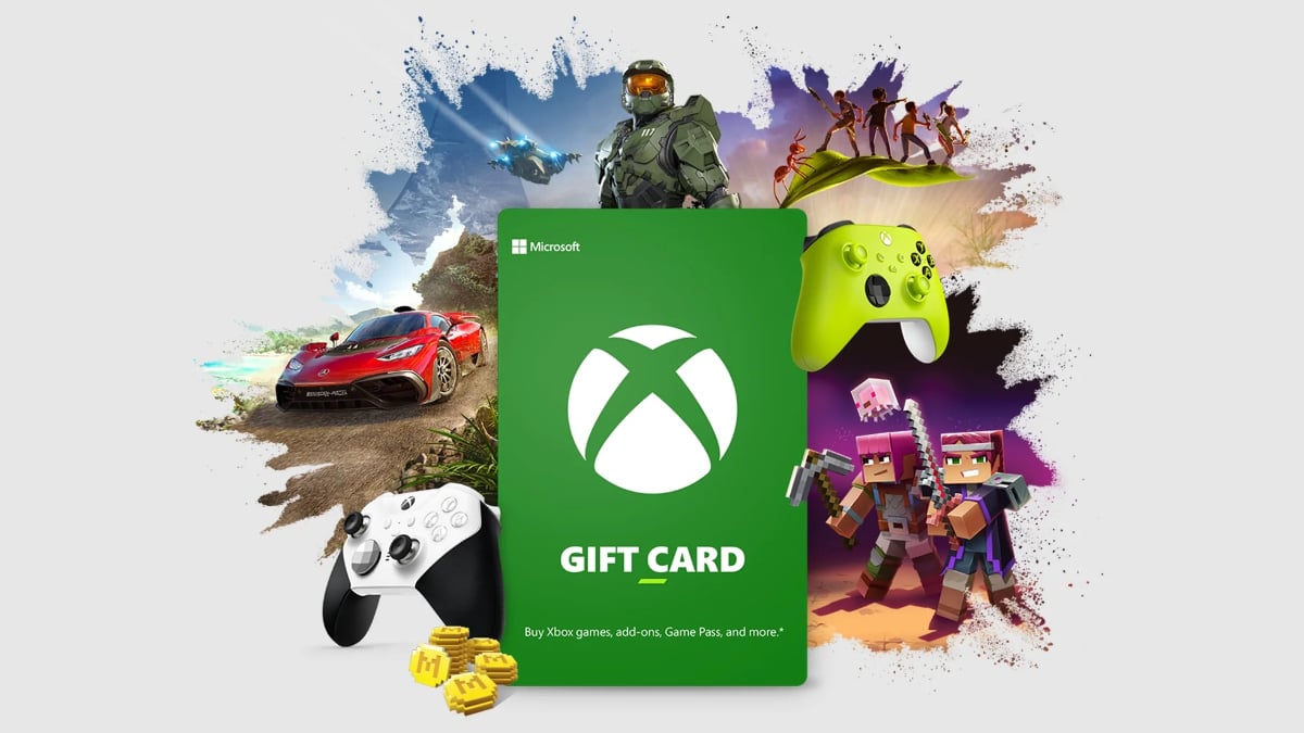 An Xbox Game Pass advertisement featuring a game pass gift card at the center.