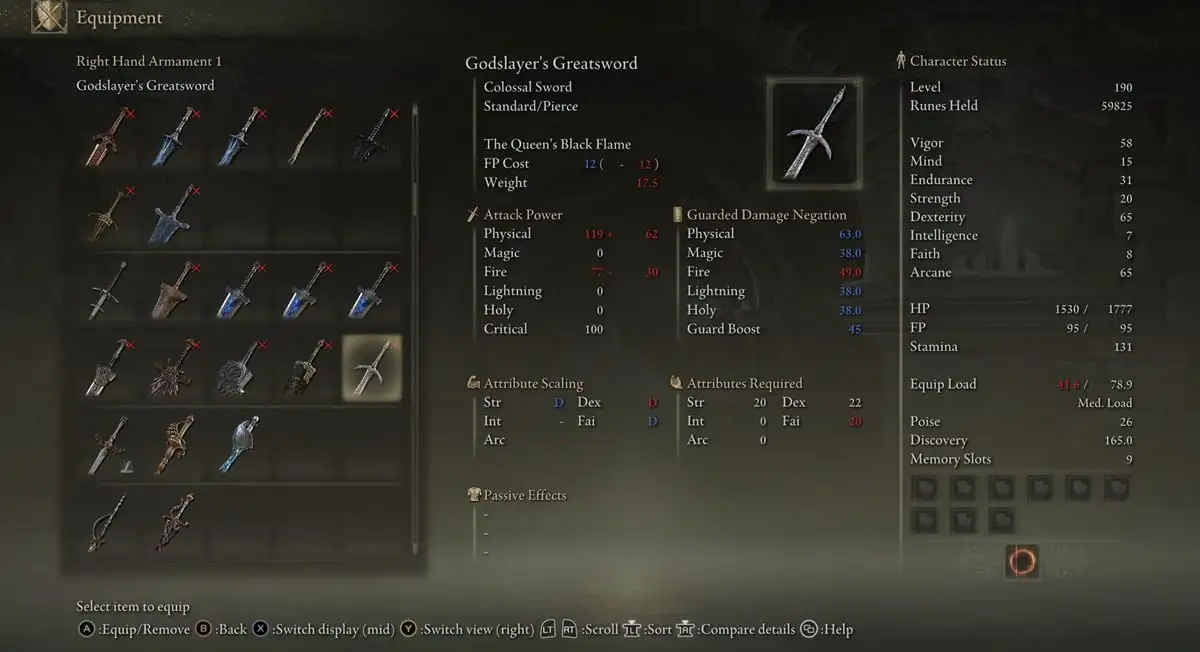 Inventory showcase of the Godslayer's Greatsword in Elden Ring