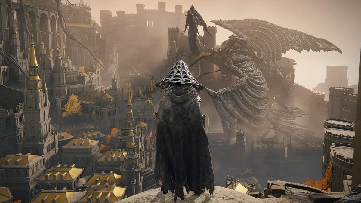 The corpse of the dragon Gransax crashed over a city overlooked by the player character in Elden Ring.