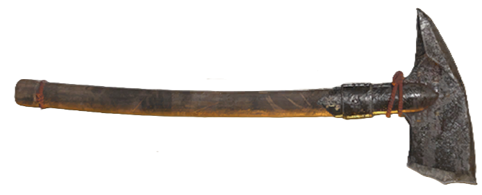 An axe with a black head and a curved wooden handle.