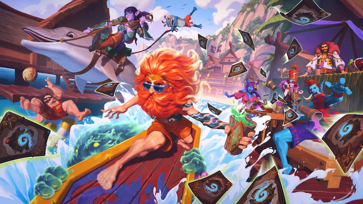 Wizards and Azeroth characters surfing through rocks in Hearthstone's artwork.