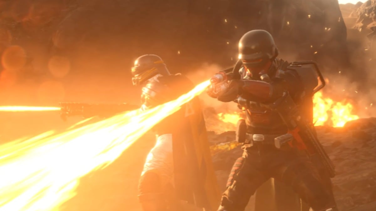 Two Helldivers using th Torcher in Freedom's Flame trailer