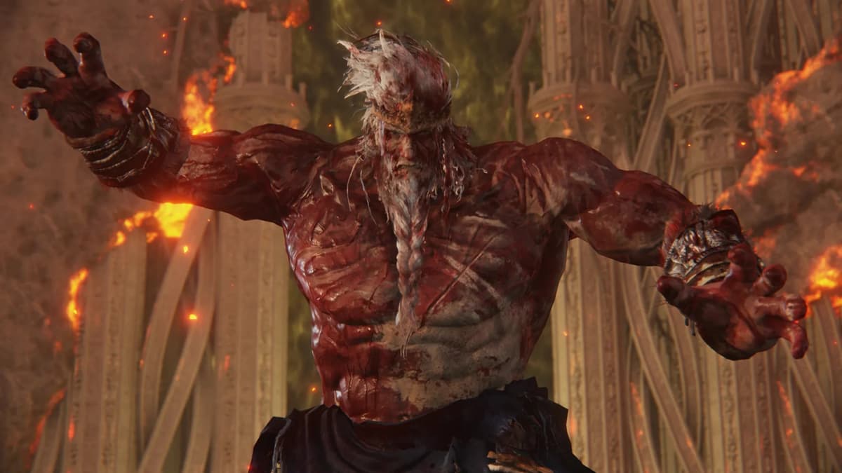 An image of Hoarah Loux covered in blood ready to fight the player character in Elden Ring