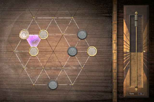 A Sebo board in Flintlock, showing a geometrical grid-like pattern with several coins scattered about it. A purple triangle, a Rift, is shown between three coins. On the right is a bean-counter system tracking turns.