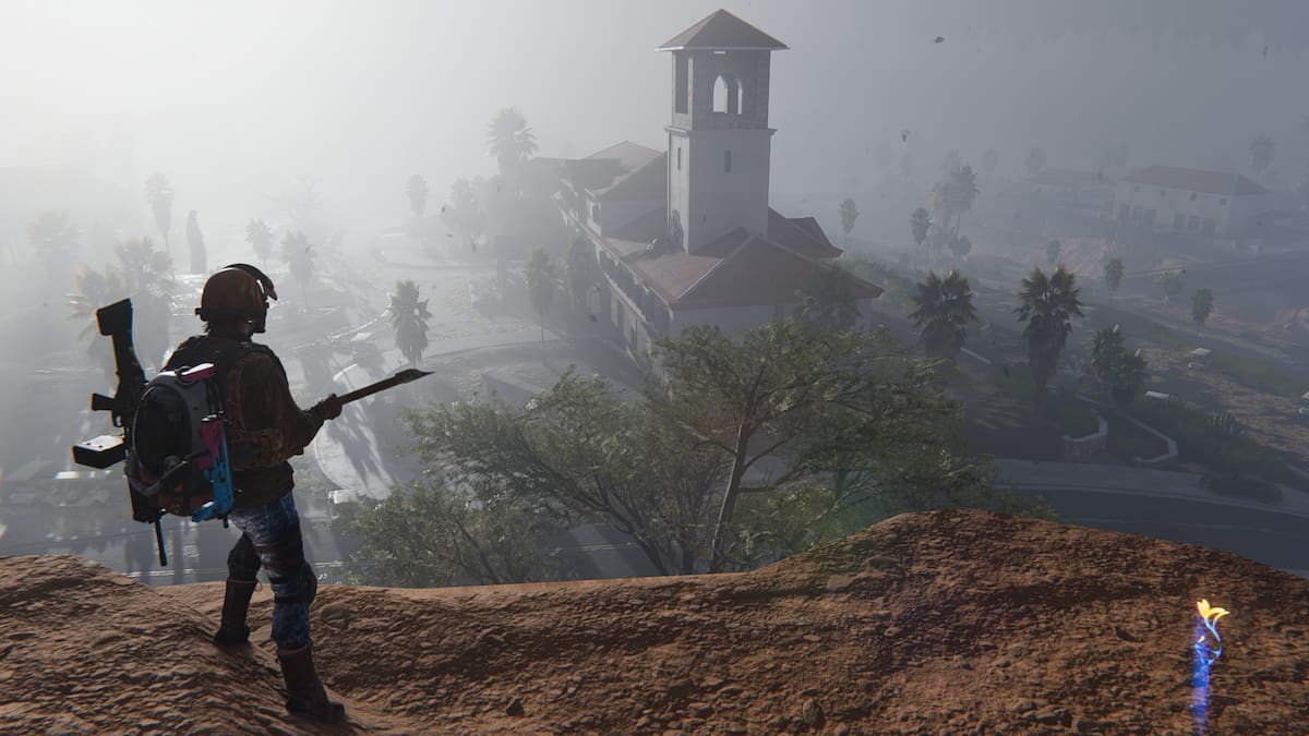 A Once Human character holds a weapon and looks out over a stronghold