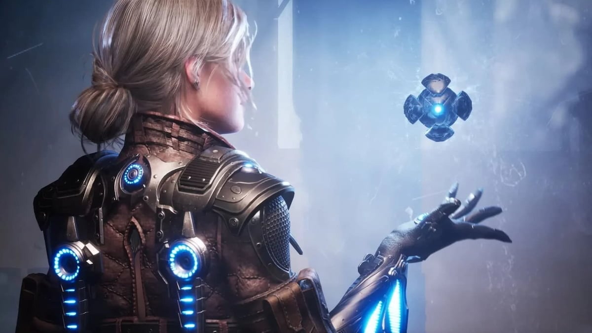 A female character in the first descendant holding a blue sphere